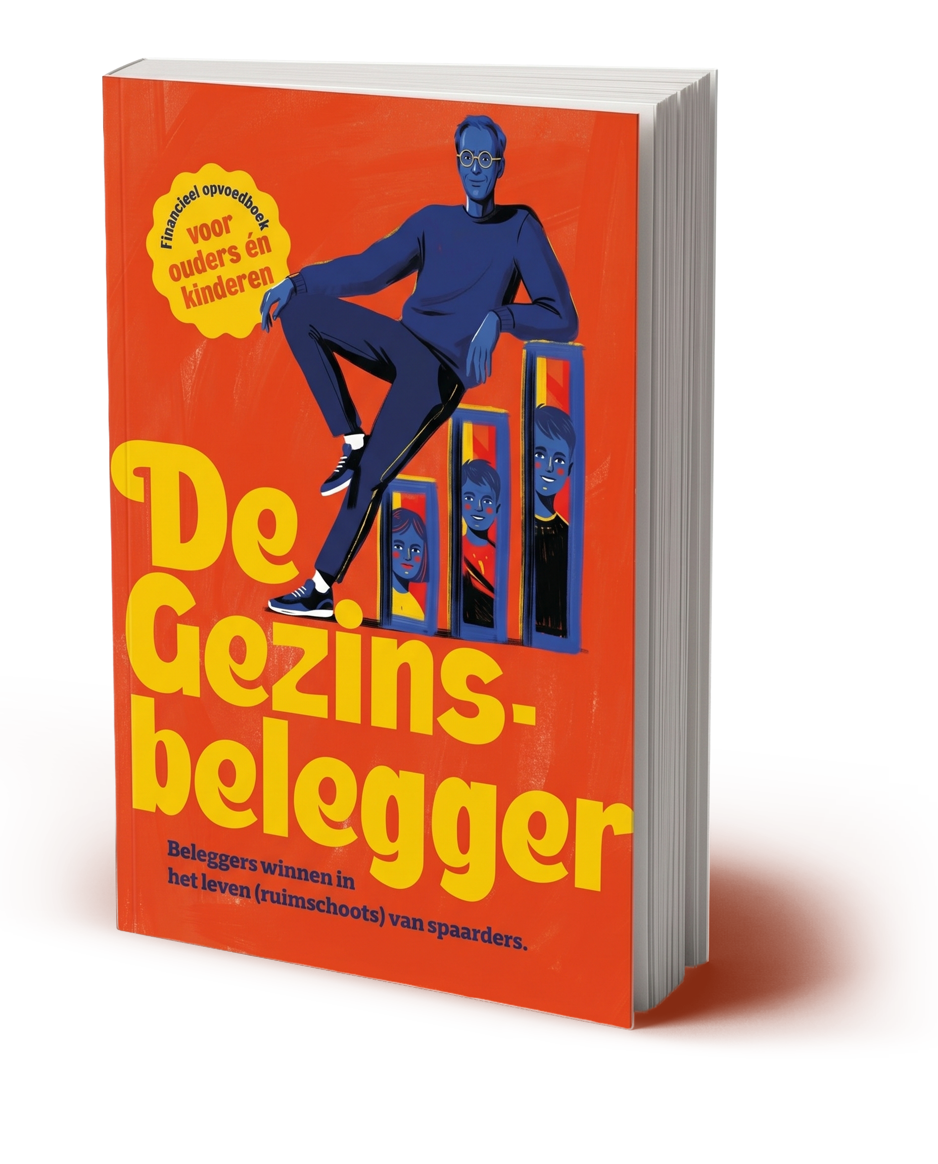 Het boek De Gezinsbelegger in 3D — een paperback met op de cover een belegger en drie kinderen in een boekenkast