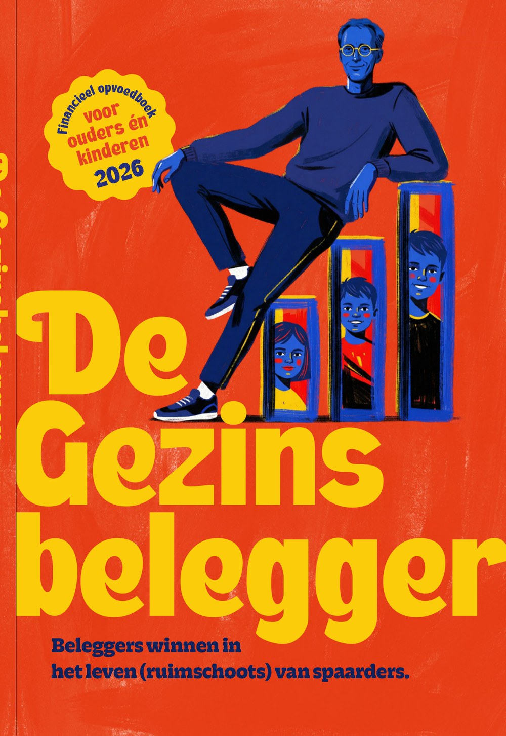 De omslag van het boek De Gezinsbelegger — een geïllustreerd portret van een belegger met drie kinderen in boekenkast